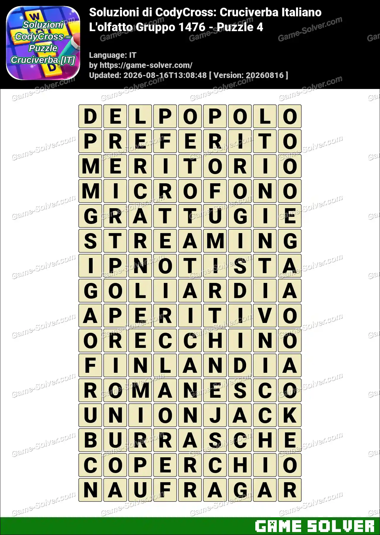 Soluzioni di CodyCross: Cruciverba Italiano L’olfatto Gruppo 1476 – Puzzle 4